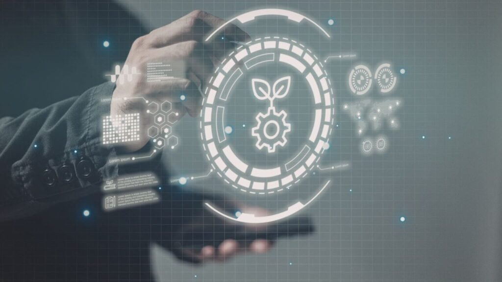 Professional using a digital interface with nature and sustainability symbols