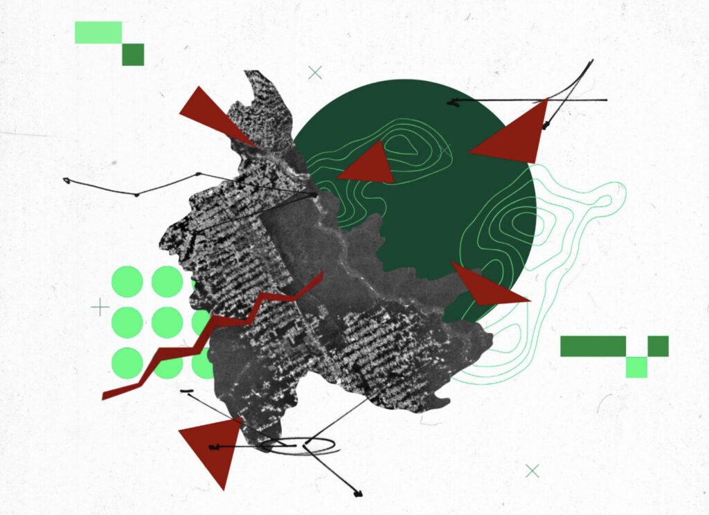 Abstract map and directional elements representing territorial risk