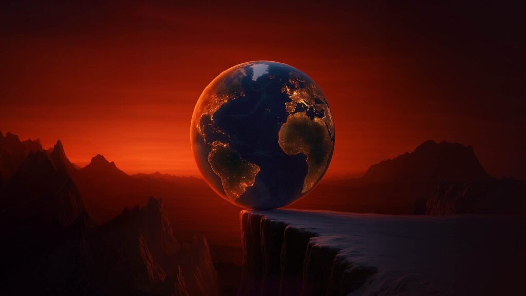 Globe under a red sky representing interconnected global risks